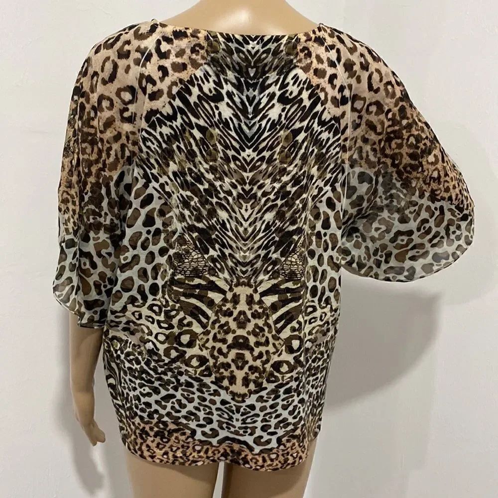 Chico’s Reverse Patchwork Flutter Split-Neck Animal Print Top size L - Picture 6 of 10